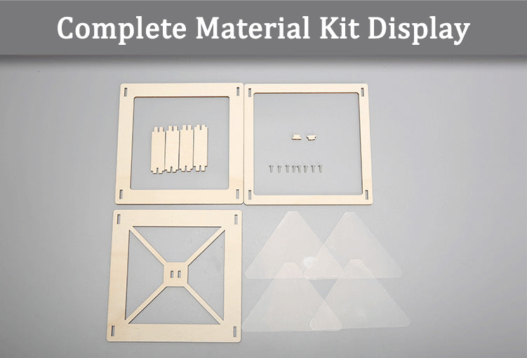 Complete set of wooden pieces and transparent films included in the DIY Holographic Projection Kit.
