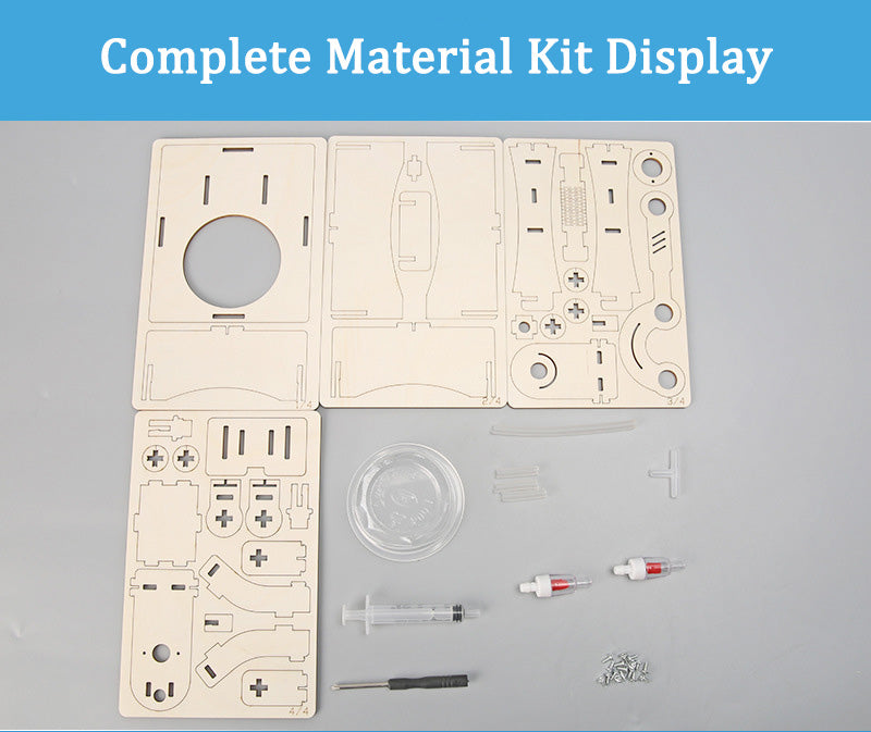 Material kit contents for the DIY Hand-operated Water Pump Kit, including wooden boards, syringes, tubes, and screws.