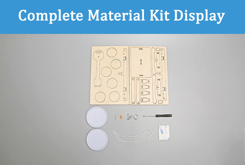 DIY Wooden Balance Scale Kit complete material display, showing laser-cut wood pieces, weighing pans, and assembly tools for STEM education