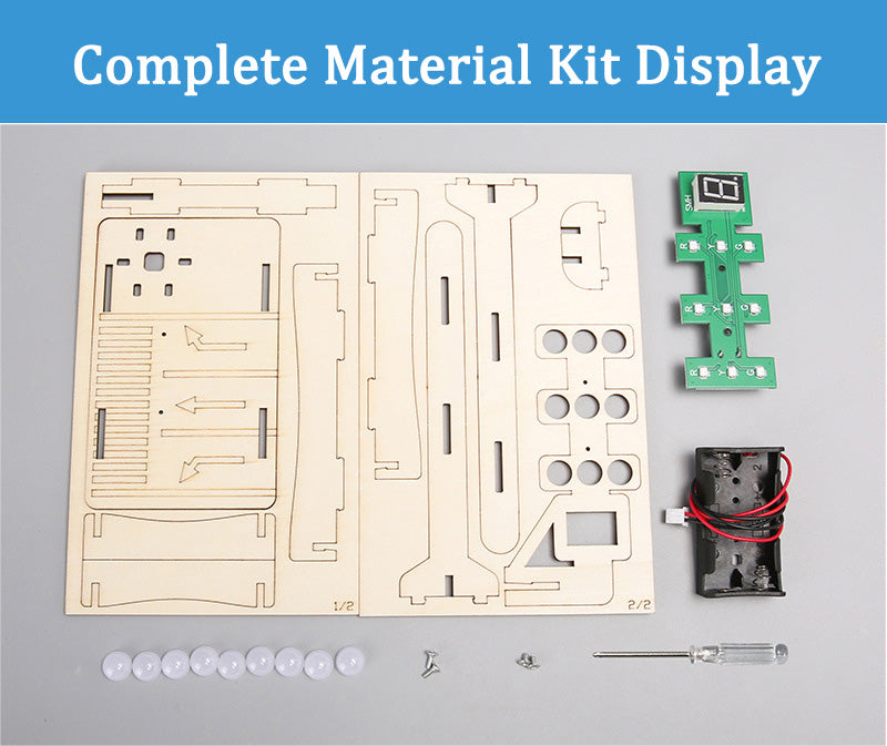 Complete material kit for the DIY Wooden Traffic Light, including laser-cut wooden pieces, circuit board with LEDs, battery holder, screws, and mini screwdriver laid out neatly.