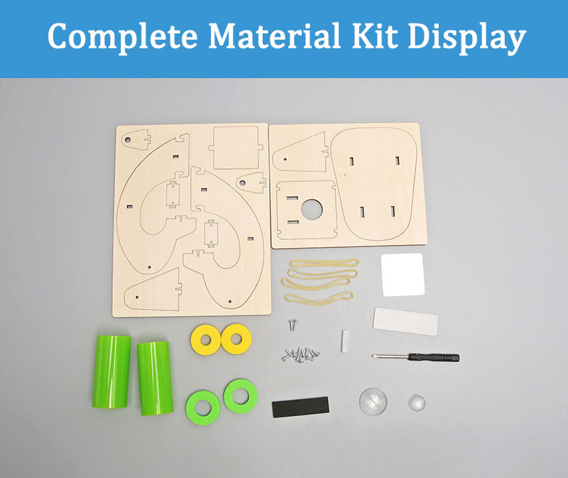 Complete parts for DIY wooden microscope. Includes wood pieces, lenses, and assembly tools.