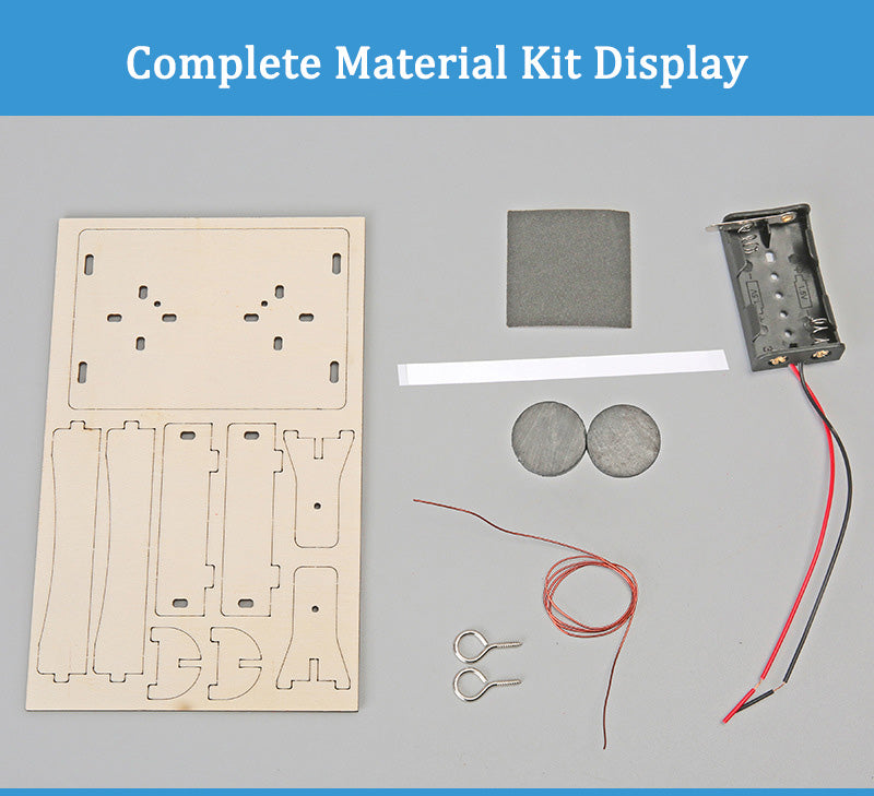 Complete DIY Electric Motor Kit components: laser-cut wood, battery holder, magnets, wire, assembly parts