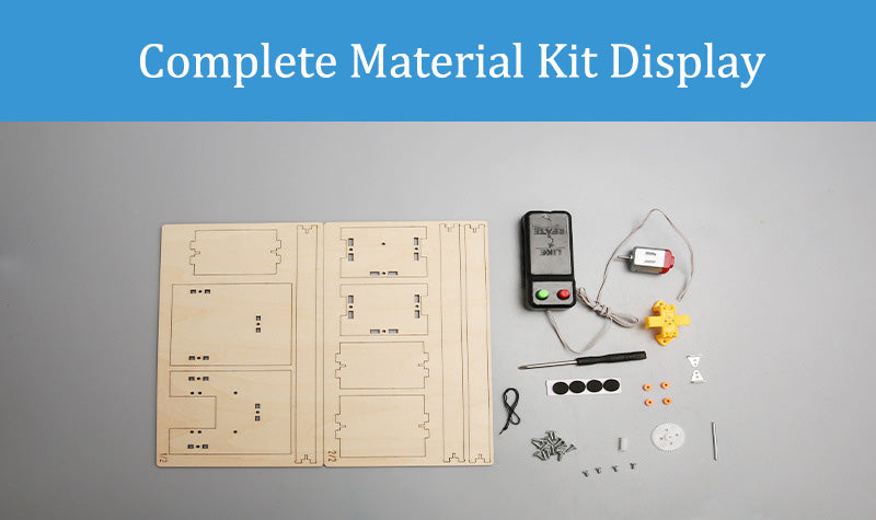 Complete DIY elevator kit components: laser-cut wooden pieces, motor, wires, switch, and tools for easy assembly.