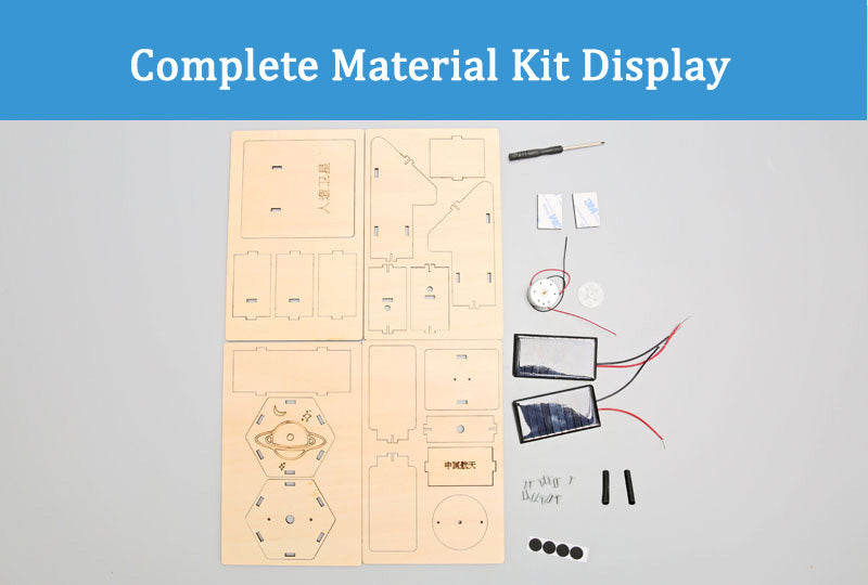Complete Material Kit Display for the DIY Satellite Model, showcasing wooden pieces, solar panels, wires, and assembly tools.