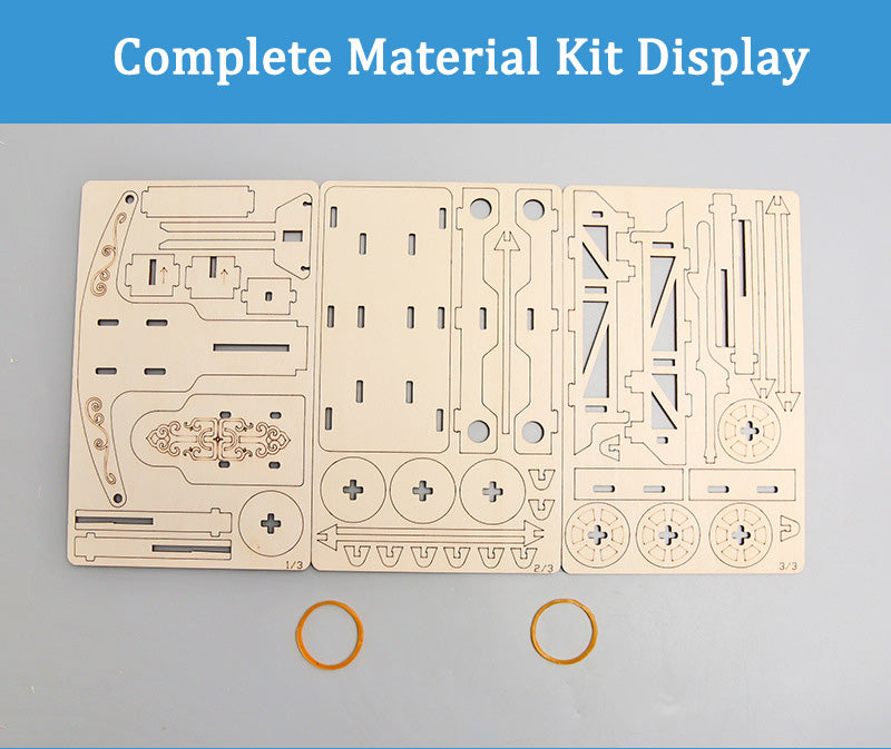 Complete set of wooden pieces and rubber bands for the DIY Ballista Kit.
