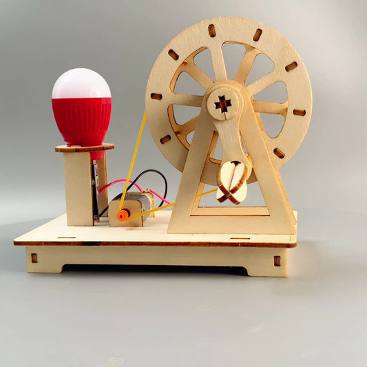 Close-up of the wooden gears and motor in the DIY generator kit.