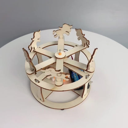 Close-up of a wooden animal figure on the DIY Carousel Kit, showcasing the laser-cut design.