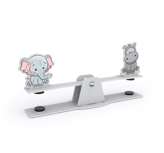 DIY Seesaw Kit featuring cute elephant and hippopotamus characters on a balanced seesaw. Fun and educational craft for kids.