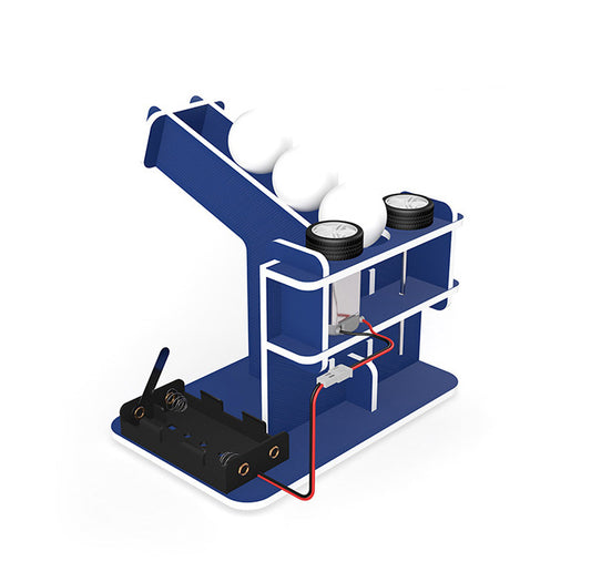 Kids STEAM Learning Toy: Assembled automatic ball launcher (12.5x14x12cm) in action.