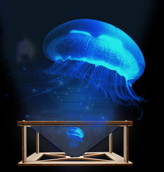 Finished DIY Holographic Projector displaying a vibrant 3D image. Easy to build for children.