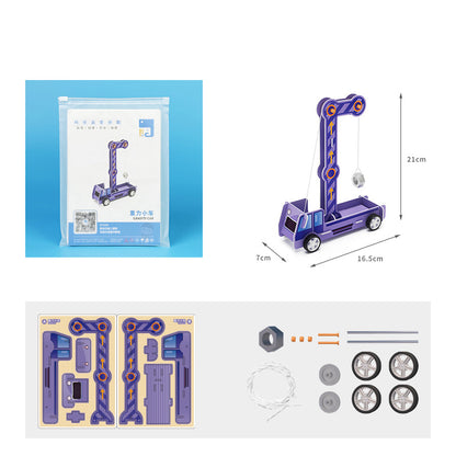 Components of the DIY Gravity-Powered Car Kit: pre-cut cardboard pieces, wheels, axles, string, and fasteners for hands-on learning.