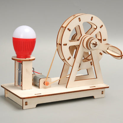 Child-friendly wooden hand-crank generator science kit for STEM education.