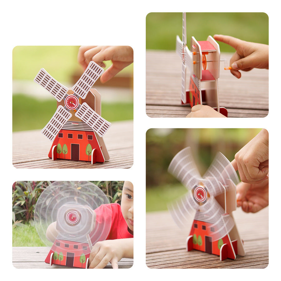 Close-up of the completed hand-cranked windmill, highlighting its design and interactive features.
