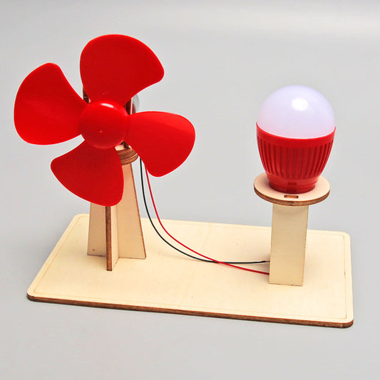 Assembled DIY Wooden Wind Turbine Kit with red blades and LED light, showcasing a science experiment for children.
