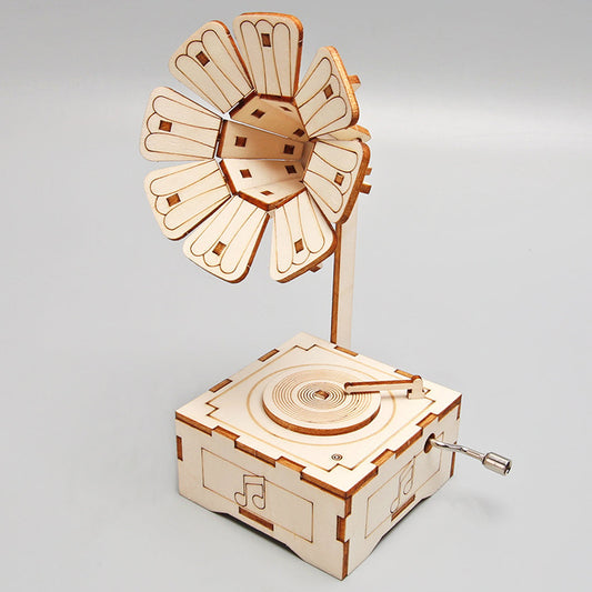 Assembled DIY Gramophone Kit made of wood, a fun and educational STEM toy for kids.