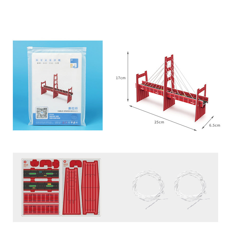 Unopened DIY Cable-stayed Bridge Kit in clear packaging, showing cardboard pieces and ropes.
