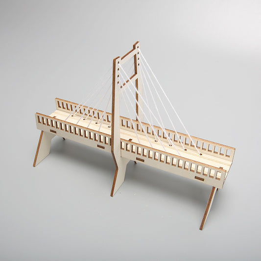 Completed DIY cable-stayed wall model kit, showcasing the innovative structural design and wooden components.