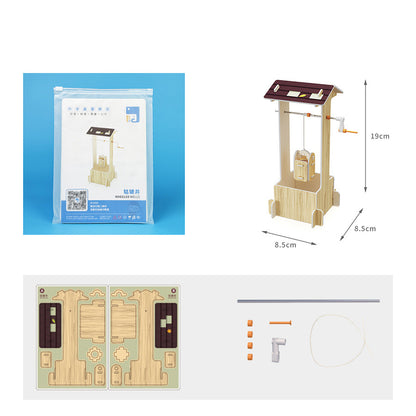 Unassembled components of the DIY Well Sweep Kit including wooden pieces and small parts.