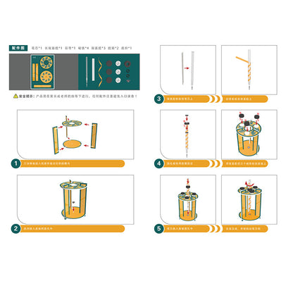 Contents of DIY Perpetual Pen Kit, including cardboard pieces, magnet, and step-by-step instructions for easy assembly.
