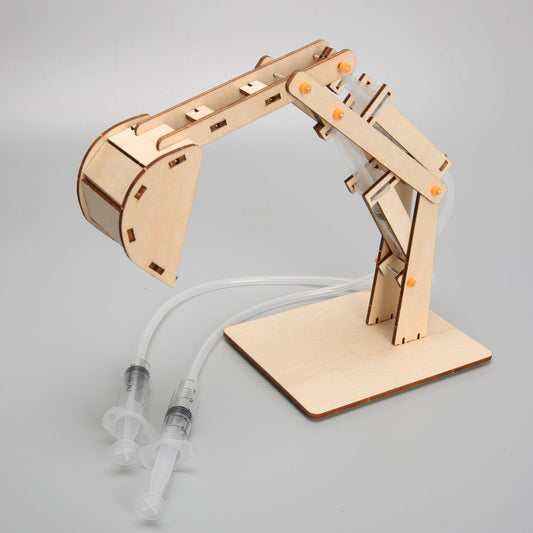 Assembled DIY Hydraulic Excavator Kit made of wood, highlighting its design and educational appeal.