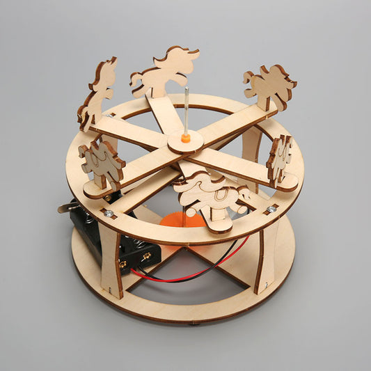 Assembled DIY Carousel Kit: A charming wooden merry-go-round with animal figures, ready to be built.