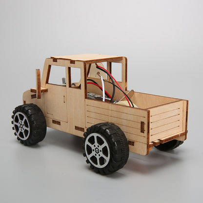 Close-up of Finished DIY Sound-Controlled Car - Educational Wooden Toy.