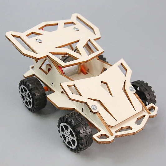 Finished DIY Electric 4WD Car Kit model made from wood, perfect educational toy for children's STEM development.