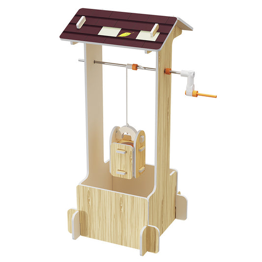 Assembled DIY Well Sweep Kit, a wooden model for kids learning about simple machines.