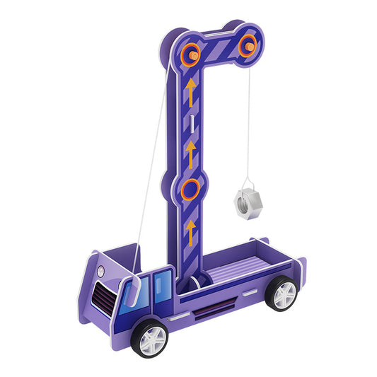 Completed DIY Gravity-Powered Car Kit, an assembled cardboard model car demonstrating basic physics and engineering principles.