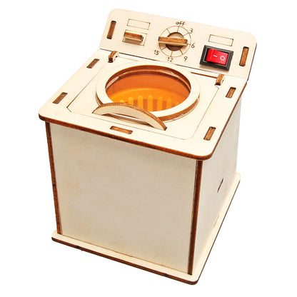 Side view of the assembled wooden Old-fashioned Washing Machine Kit.