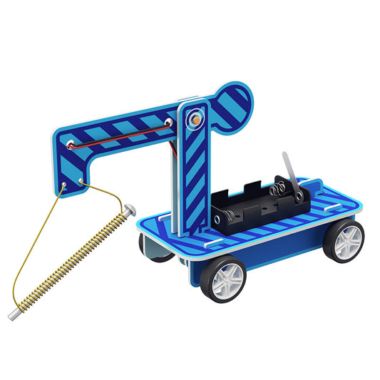 Assembled DIY Electromagnetic Crane: Child-friendly science kit demonstrating magnetic lifting principles.