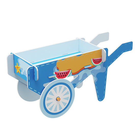 DIY Handcart Kit for Kids: Brightly colored cardboard wheelbarrow toy, promoting STEAM learning and hands-on play for ages 3+.