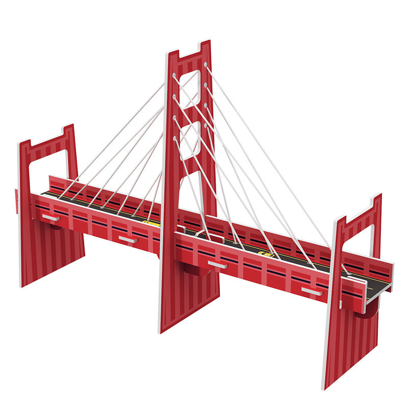 Top view of the assembled DIY Cable-stayed Bridge Kit, a red cardboard model with white cables.