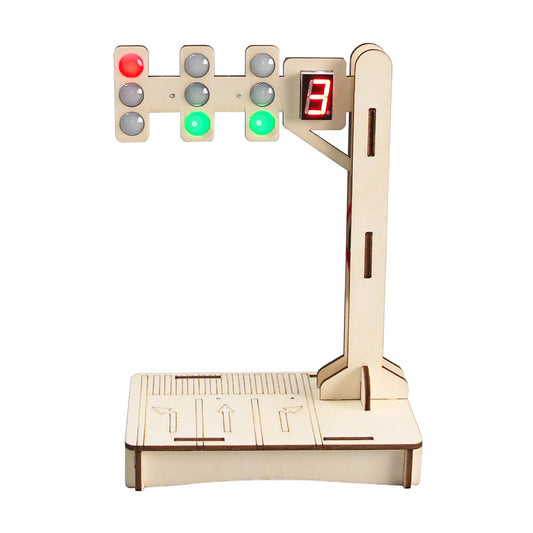 Assembled DIY Traffic Light Kit made of wood, featuring functioning LED lights and a digital display, against a clean background.