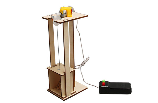 Completed DIY electric elevator kit showing dimensions, perfect for science projects and STEM education.