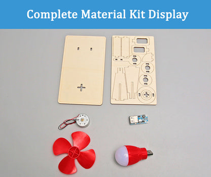 Complete components of the DIY Wind Turbine Kit: wooden parts, motor, boost module, red fan, and LED bulb.