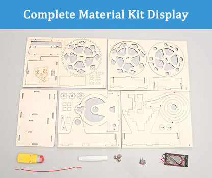 Complete material kit for the DIY Steel Ball Slide, including wooden pieces, motor, gears, battery case, and steel balls.