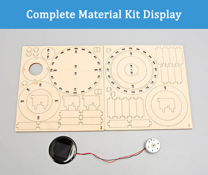 Components of the DIY Solar Double Ring Kit: laser-cut wood, solar panel, and motor.