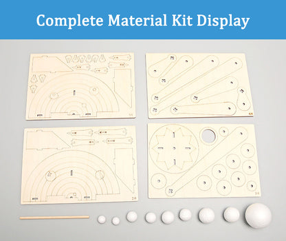 Contents of DIY Orrery Solar System Kit: laser-cut wooden pieces, foam planets, and assembly stick