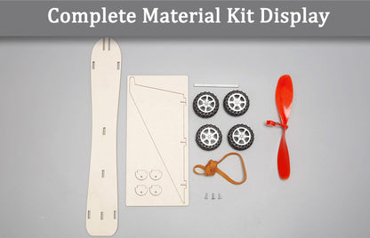 Complete DIY Rubber Band Powered Car Kit contents laid out: wooden parts, wheels, propeller, rubber bands, and screws.