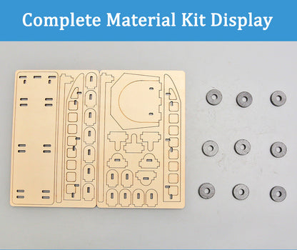 Complete DIY Maglev Train Kit components: laser-cut wooden pieces and round magnets for building.