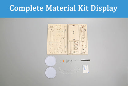 DIY Wooden Balance Scale Kit complete material display, showing laser-cut wood pieces, weighing pans, and assembly tools for STEM education