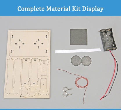 Complete DIY Electric Motor Kit components: laser-cut wood, battery holder, magnets, wire, assembly parts