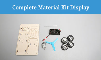 Complete DIY wind powered car kit components: laser-cut wooden pieces, motor, propeller, wheels, battery holder, and small parts for assembly.