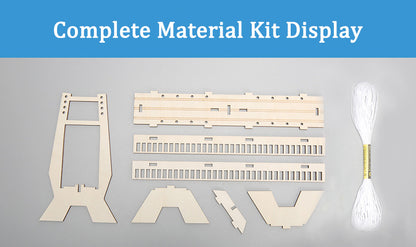 Contents of DIY Cable-stayed Wall Kit: laser-cut wooden pieces, white tension cables, and assembly tools.