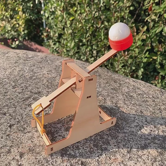 DIY wooden catapult kit in action, launching a small ball. Educational STEM toy.
