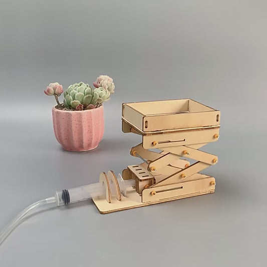 DIY hydraulic lift platform kit in action, demonstrating water power and engineering principles for kids.