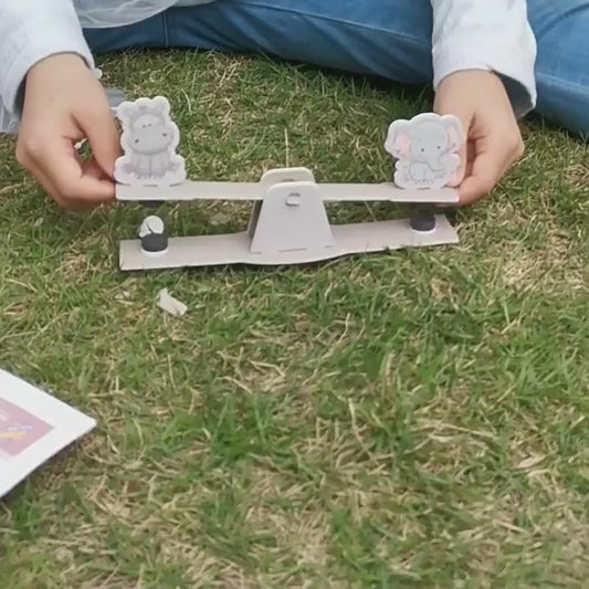 Kids playing with DIY Seesaw Kit, learning balance and physics in an engaging way. Educational STEM toy for children.