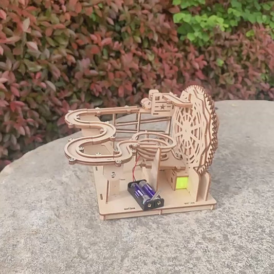 DIY Wooden Ball Track Kit in action: Watch the marbles race through the intricate wooden pathways.