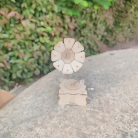 DIY wooden gramophone kit being assembled, showcasing the step-by-step construction process.